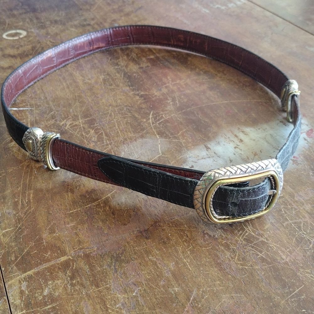 Brighton Pivoting Reversible Belt Crocodile Embossed Black Brown USA